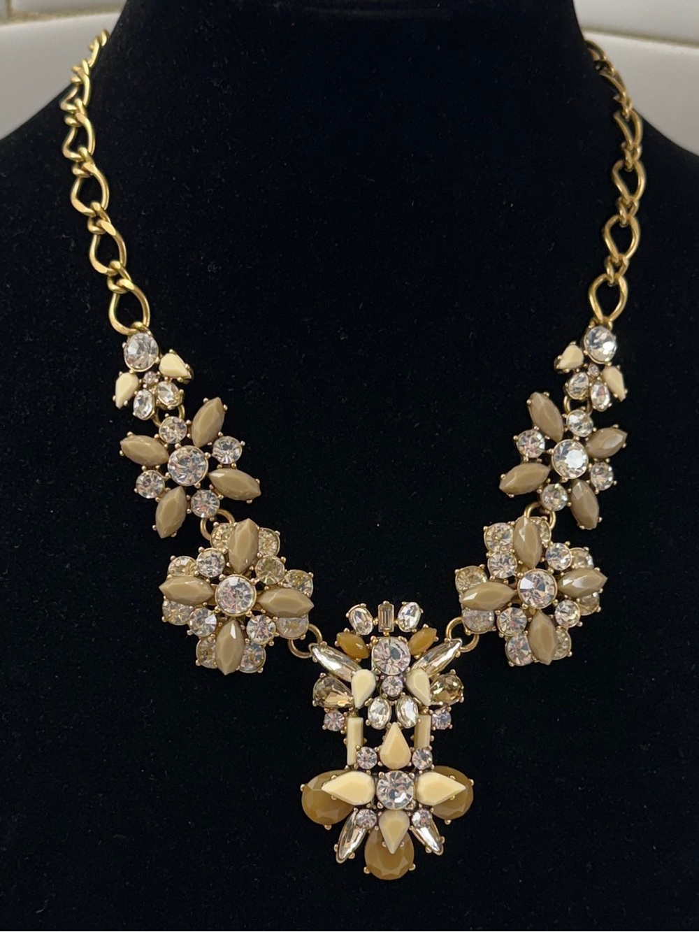 J. Crew Gold-Tone Beige and Clear Crystal Floral Bib Necklace